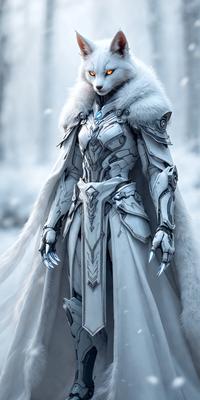 The primary subject of the image is a person dressed in a white costume, possibly a character from a video game or a fantasy setting. The person is wearing a cape and has a hood on their head. The setting appears to be a snowy environment, with the person standing in the snow. The visual style of the image is digital art, as it is a well-crafted and detailed illustration. The colors and mood of the image are predominantly white, giving it a cold and icy atmosphere.